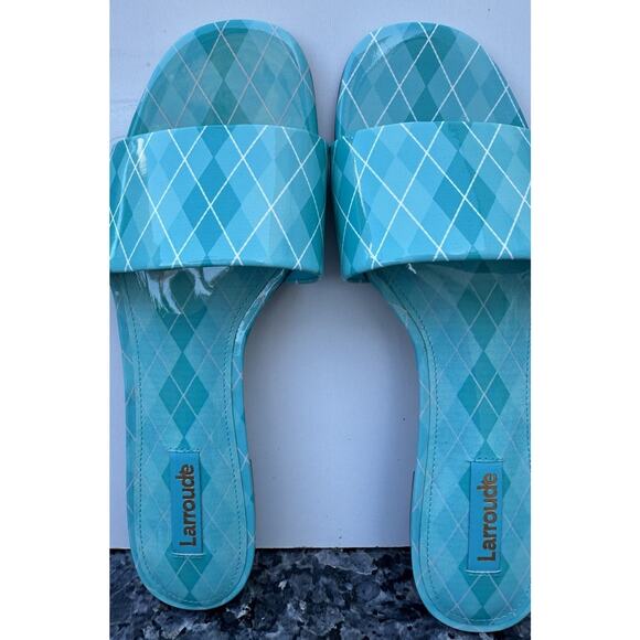 Larroude Ivy Slide Sandals Women’s Size 7 Argyle Aqua Blue Patent Leather